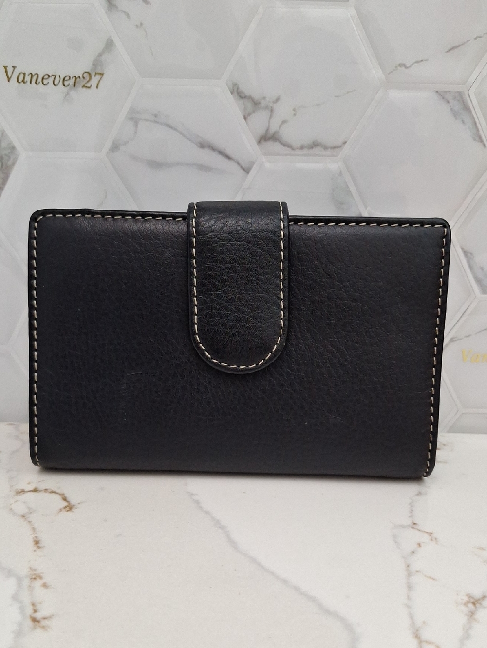 Genuine Black Pebbled Leather Trifold Wallet with Kiss Lock Coin Purse